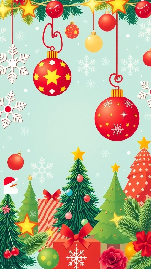 A nostalgic 90s Christmas background with colorful ornaments, retro patterns, and festive holiday symbols.